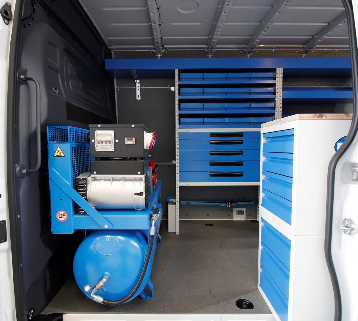 migi compressor generator in van with racking drawers