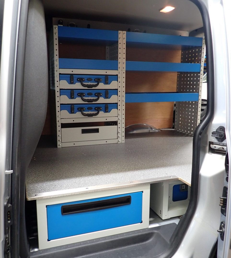 Volkswagen Caddy racking for maintenance van with underfloor drawers system