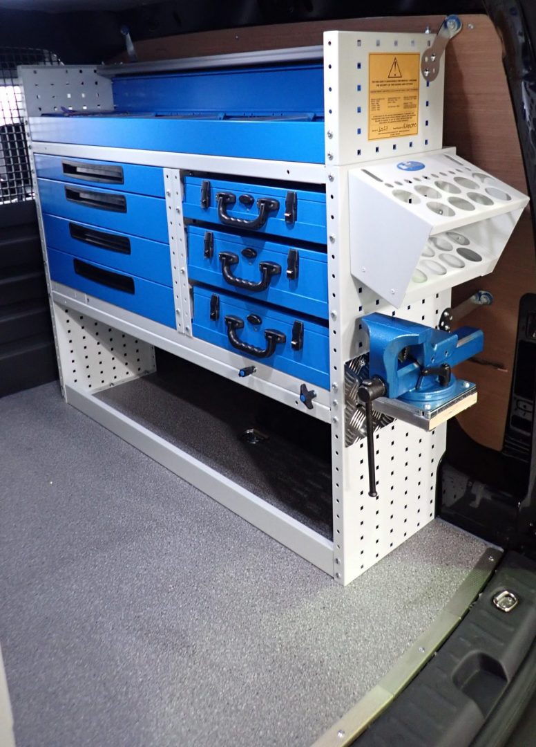slide out vice for van racking steel drawers and cases