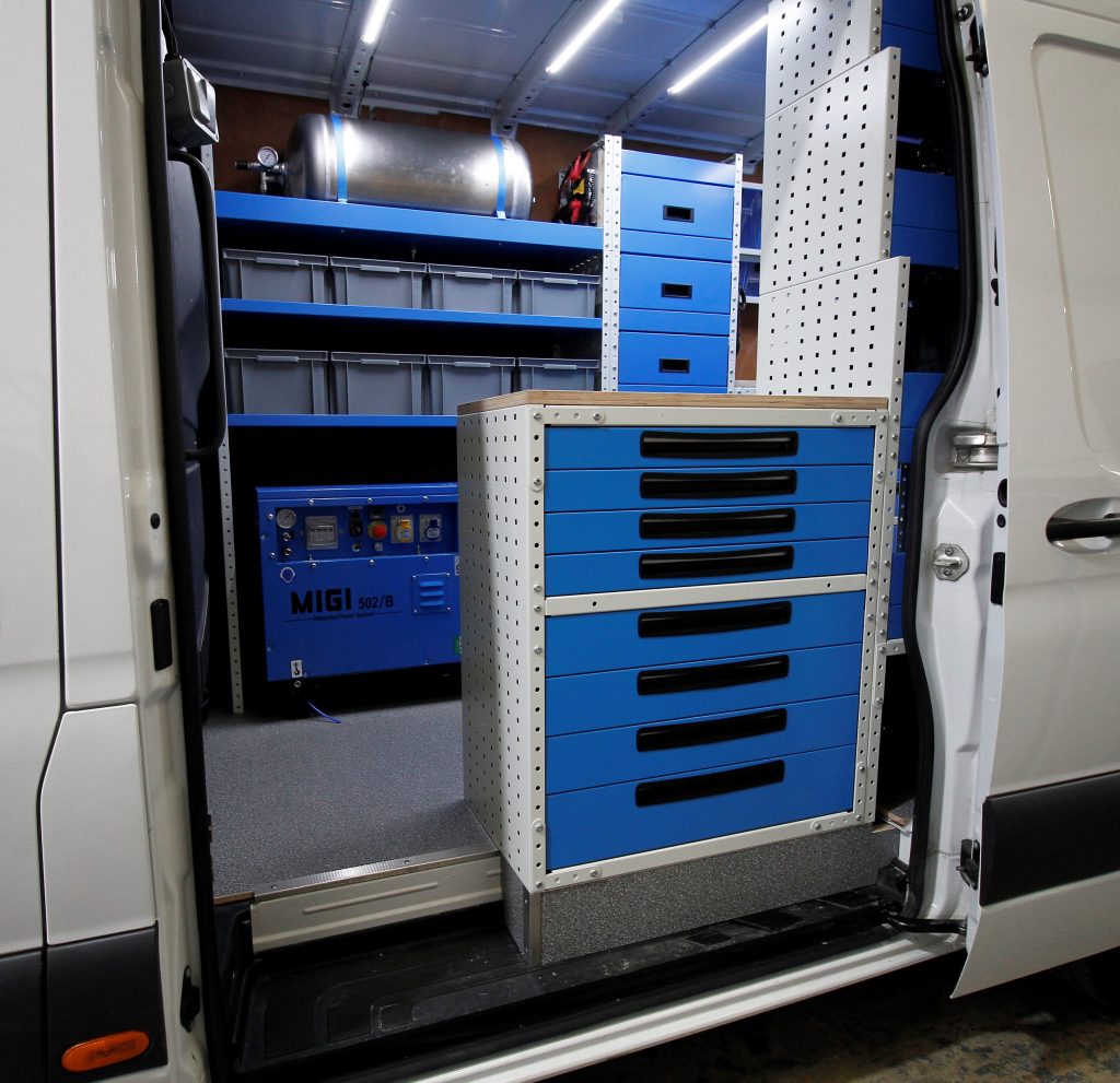 recovery van racking with drawer access from side door