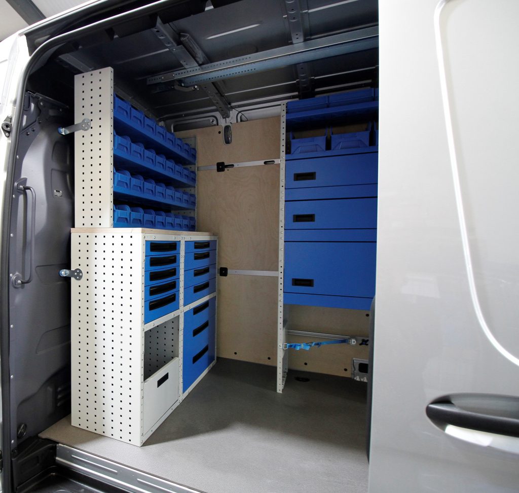sprinter racking bulkhead unit with bench and storage