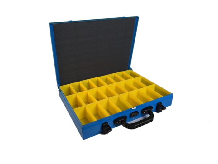Metal component service case with colour coded containers
