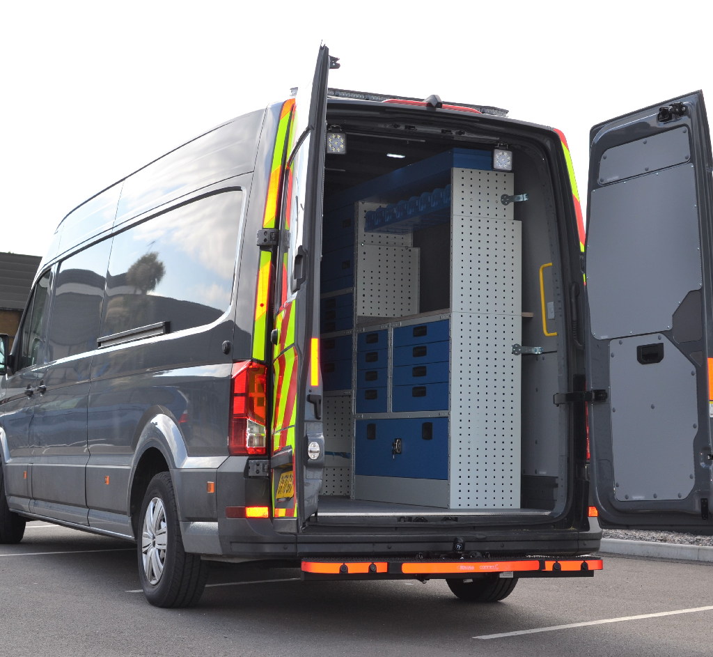 Van racking system for mechanic rear door view