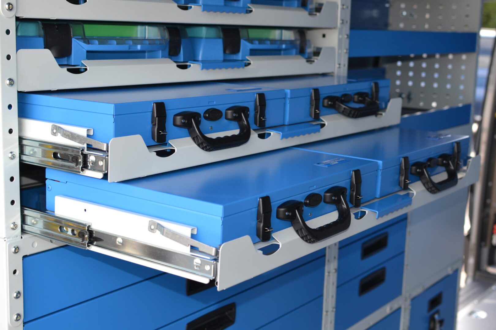 MAN van racking system view of tool cases on slide out shelving