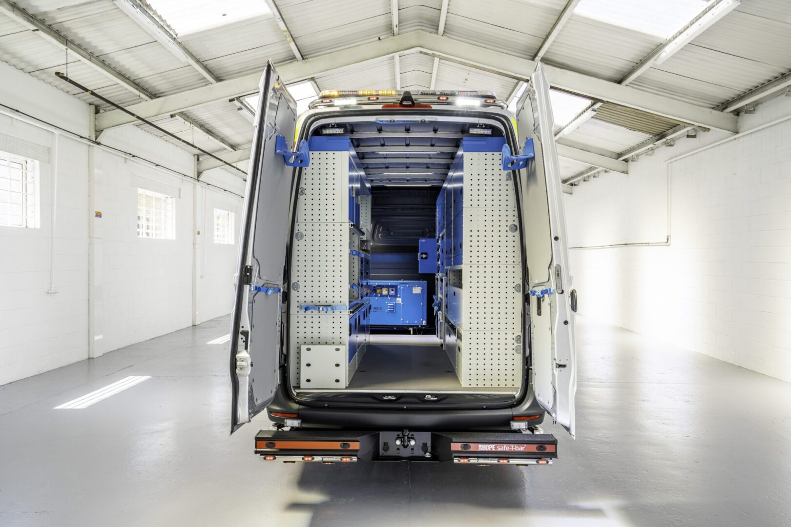RS recovery breakdown van from van racking solutions rear door open view
