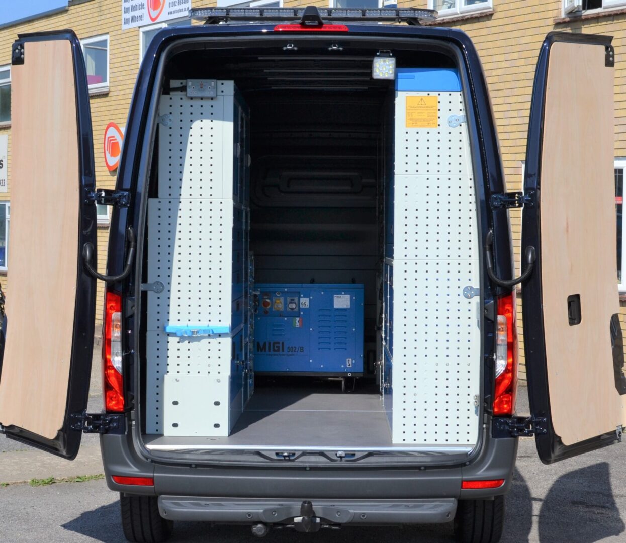 Completed van after racking, Migi and external beacons installed by Van Racking Solutions