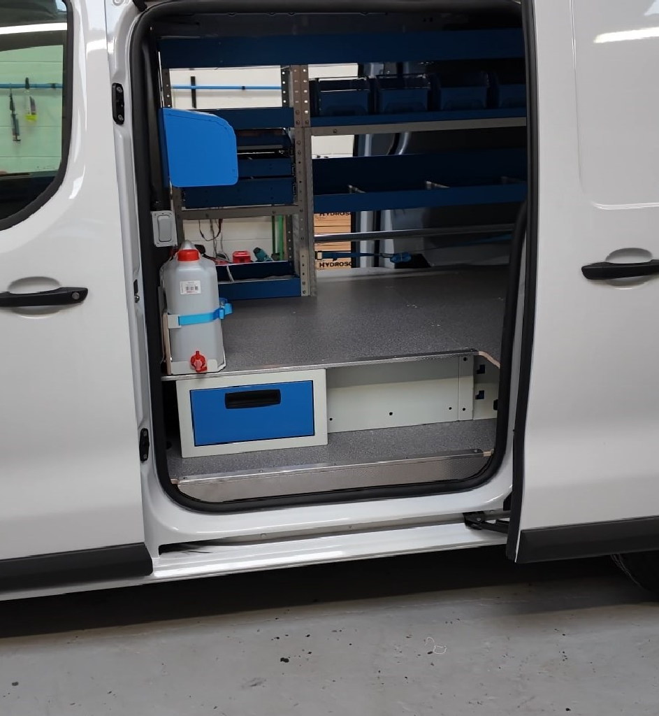 vivaro racking build view from passengers side door with water carrier and towel holder