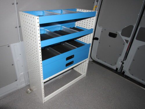 metal racking unit supplied with open shelving and two steel drawers fits medium and large vans delivered flat packed for easy assembly all fittings included