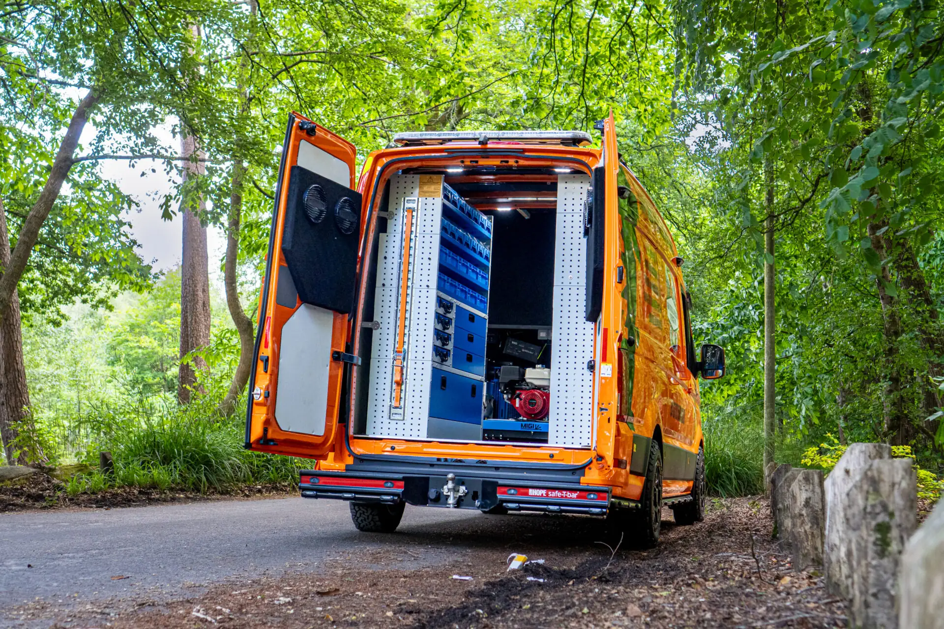 Orange recovery vehicle rear view
